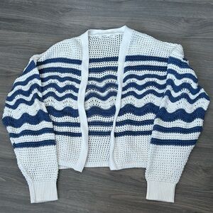 White and Blue Striped Knit Cardigan Cover up Summer Wide Knit Sweater